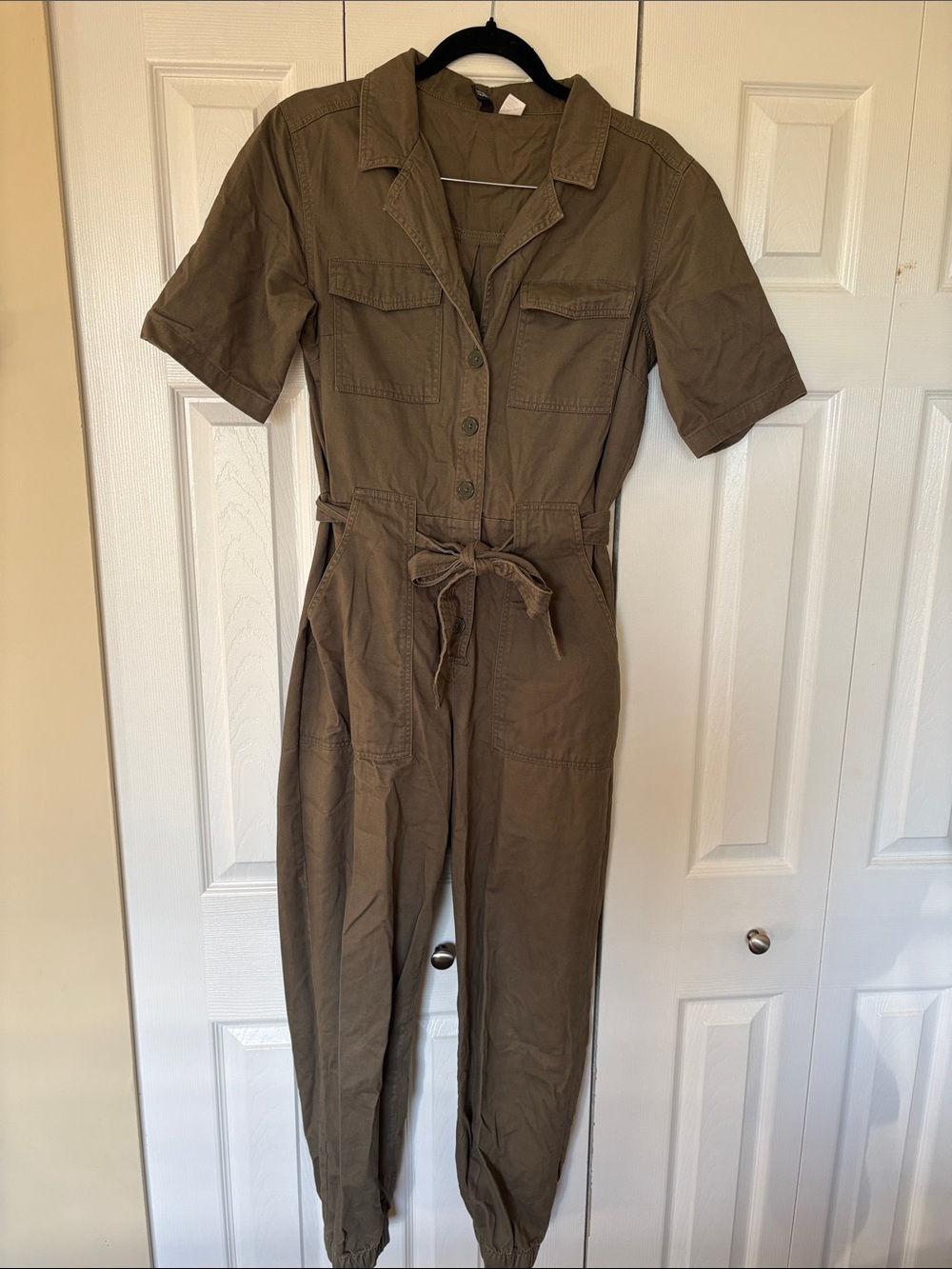 H&M Olive Green Utility Short Sleeve Jumpsuit with Tie Waist Size 6